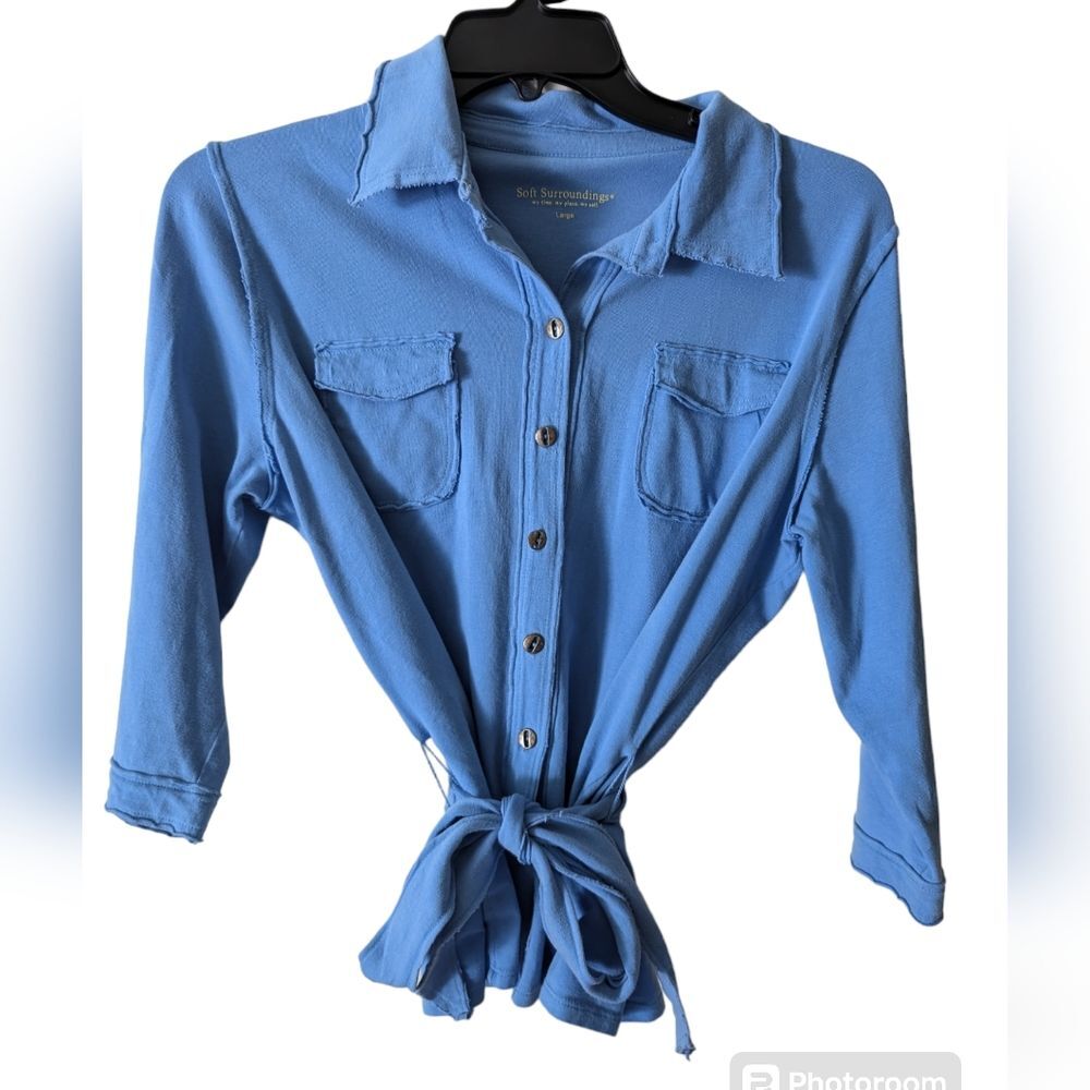 Soft Surroundings Exposed Distressed Seam Button Down Tie‎ Waist Top Size Large